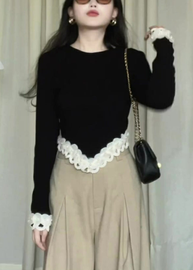 Black Asymmetrical Lace Patchwork Knit Sweaters Long Sleeve
