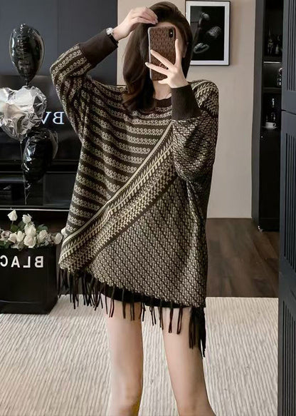 O Neck Tassel Patchwork Knit Sweaters Winter