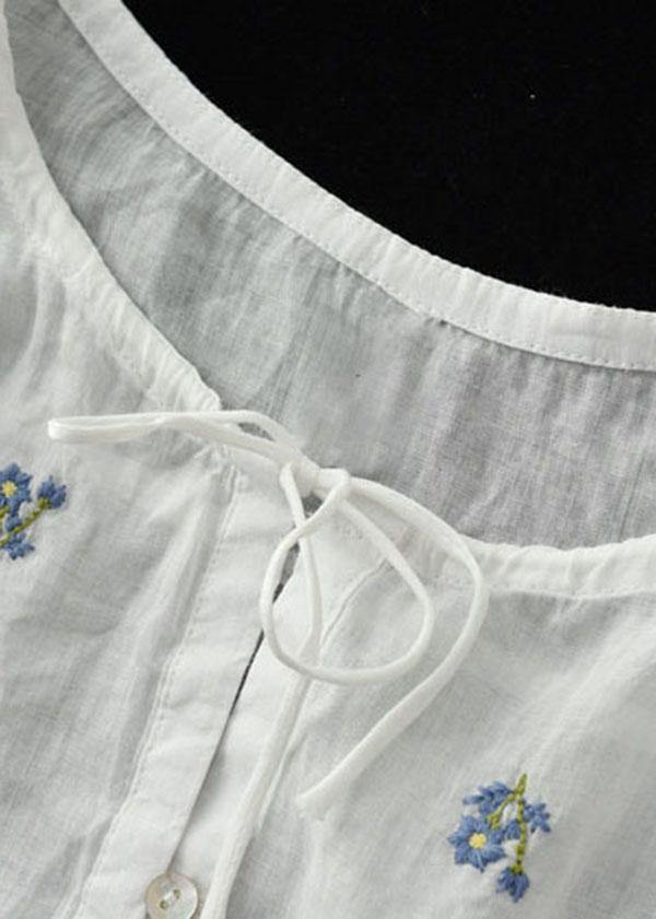 Simple White Embroideried O-neck Summer Ramie Tops Half Sleeve