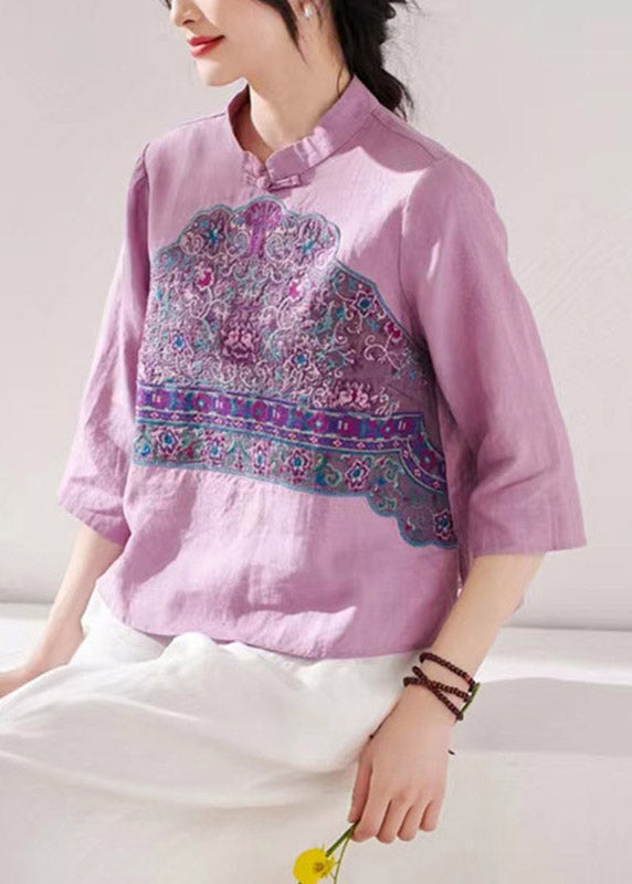Purple Stand Collar Embroideried Button Linen Shirt Long Sleeve