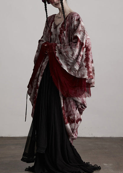Red V Neck Asymmetrical Design Silk Cardigan Batwing Sleeve