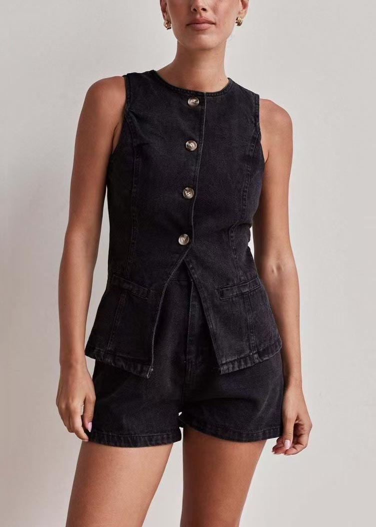 Black O-neck Side Open Denim Two Pieces Set Sleeveless