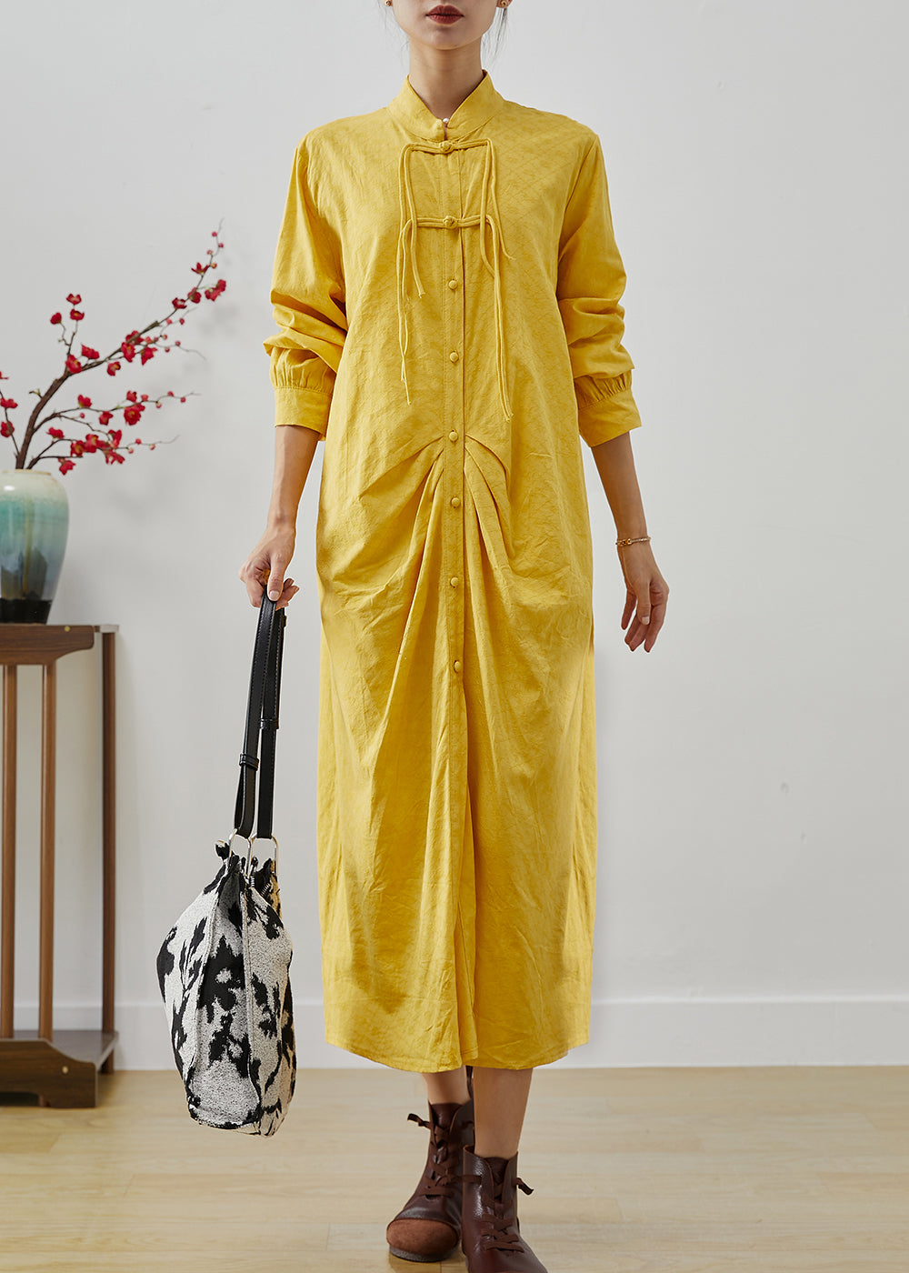 Yellow Tasseled Wrinkled Cotton Shirt Dress Fall