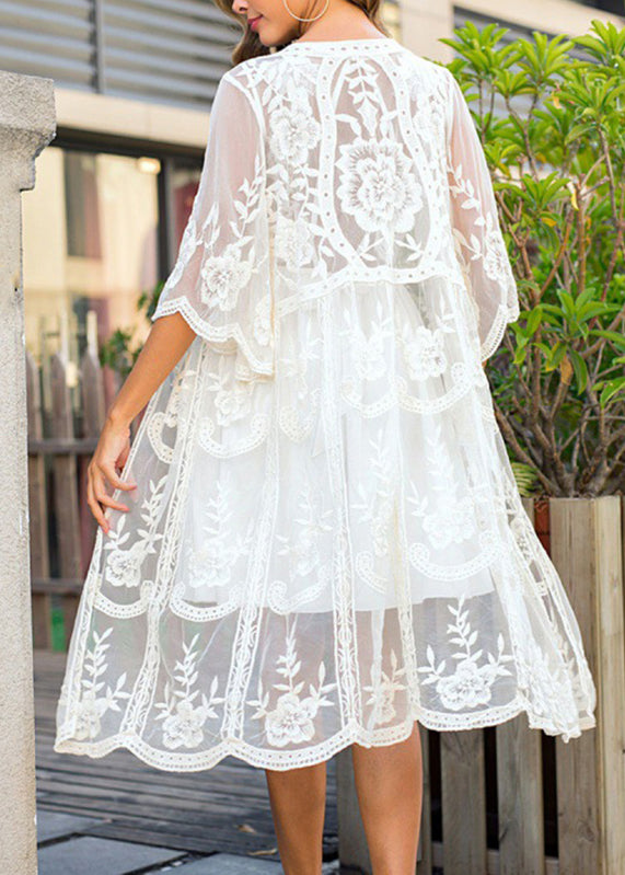 White V-neck Embroidery Tulle Swimwear Beach Cardigans