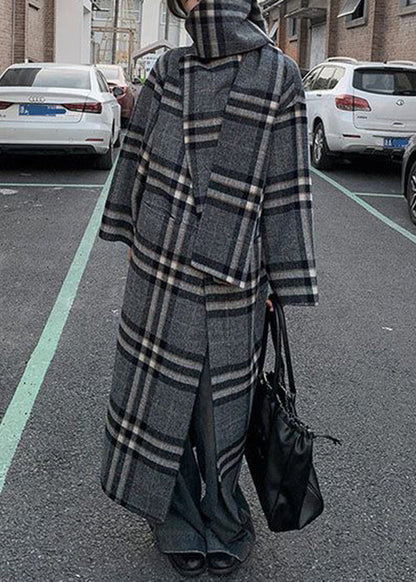 Loose Grey Plaid Patchwork Scarf and Coat Two Pieces Set Long Sleeve