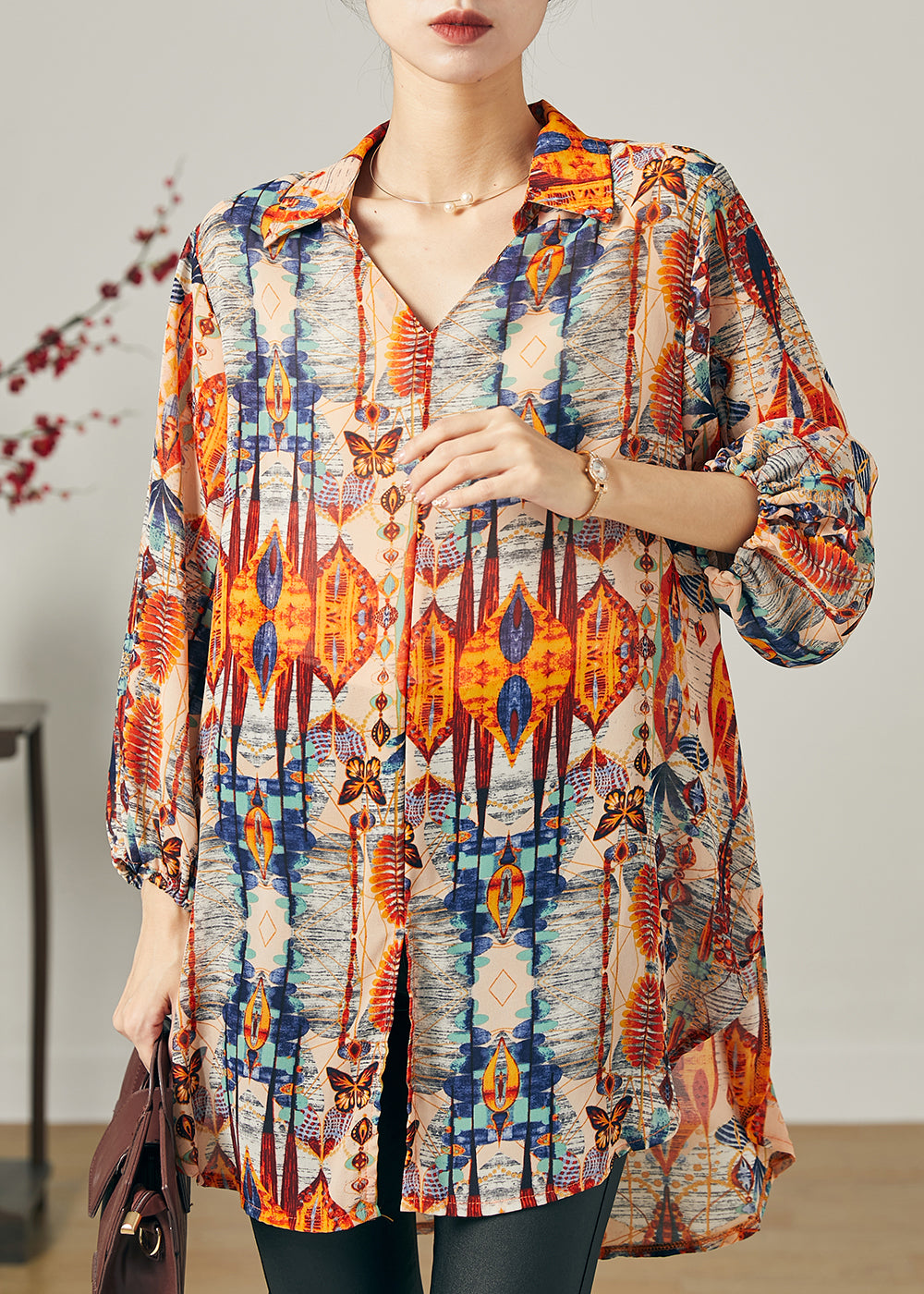 Natural Navy Print Side Open Chiffon Top Summer