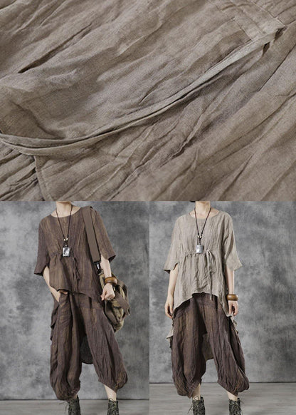 Khaki O-neck Asymmetrical Design Fall Half Sleeve Tops