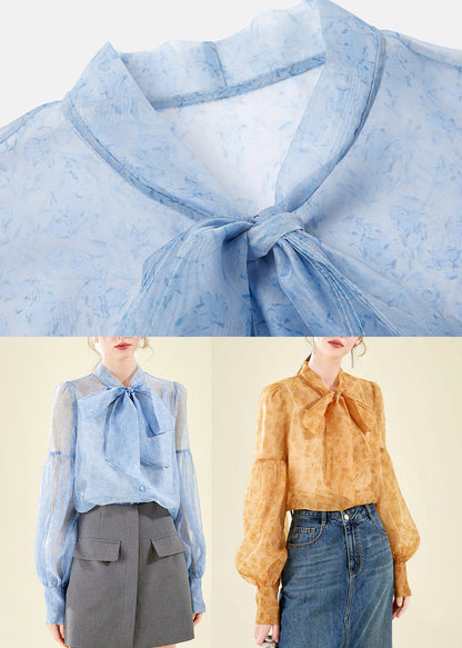 Blue Print Patchwork Chiffon Shirts Spring