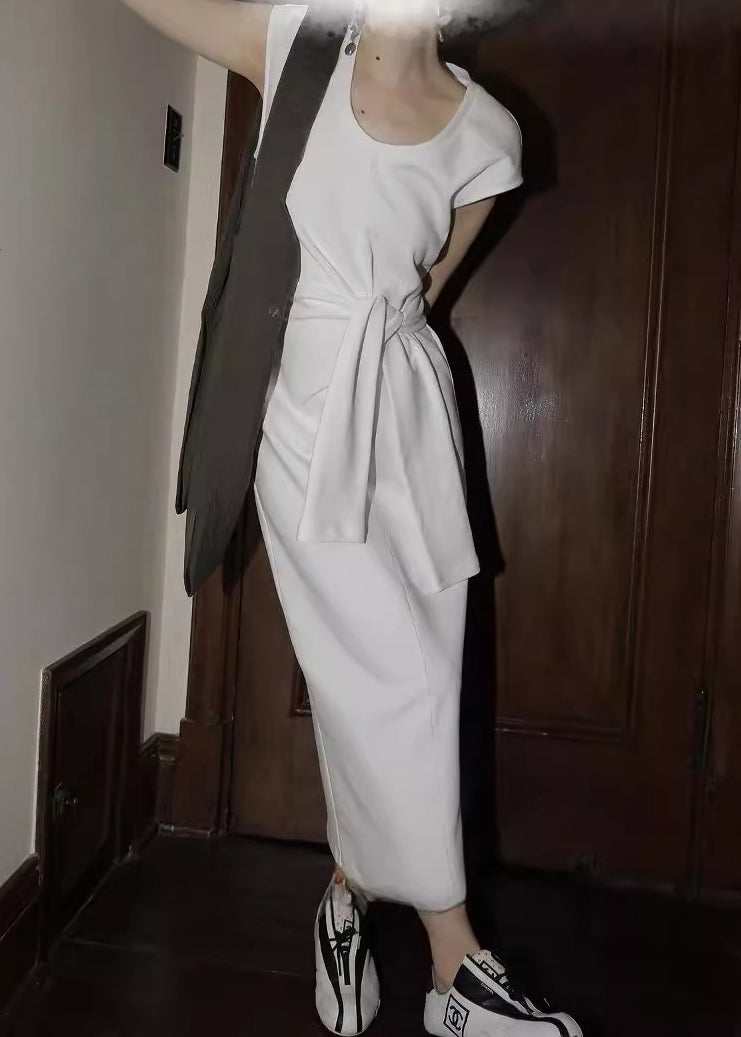 White U Neck Tie Waist Cotton Dress Summer