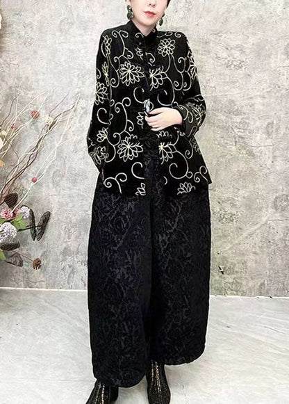 Chinese Style Black O Neck Velour Short Coat Spring