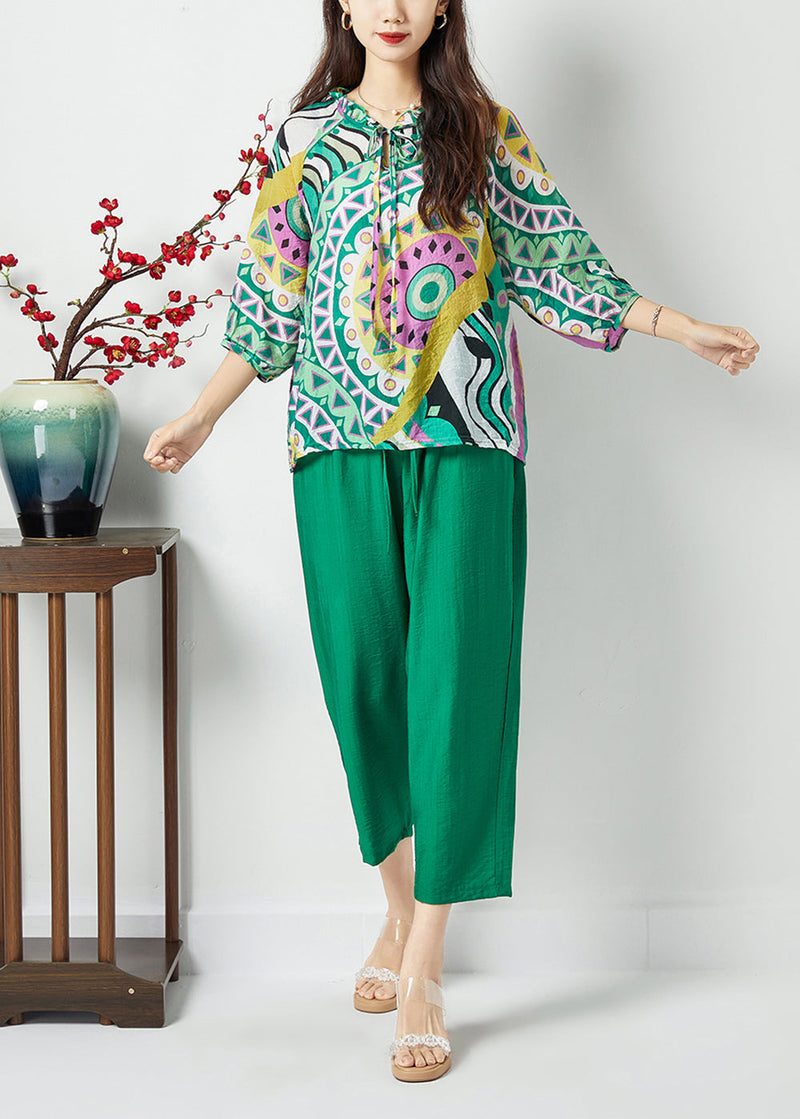 Diy Green Ruffled Collar Print Cotton Two Pieces Set Bracelet Sleeve