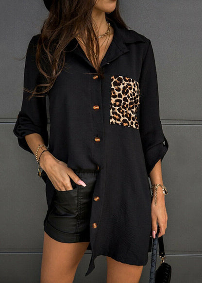 Black Peter Pan Collar Leopard Print Cotton Blouse Tops Long Sleeve