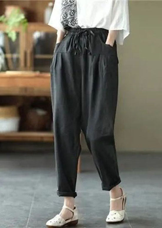 Black Pockets Patchwork Tie Waist Linen Pants Summer