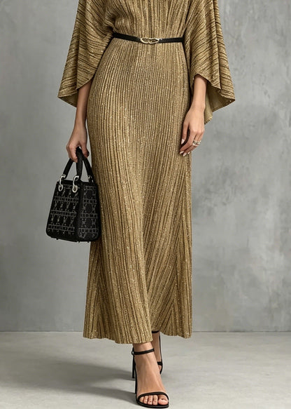 Italian Gold V Neck Long Dresses Batwing Sleeve