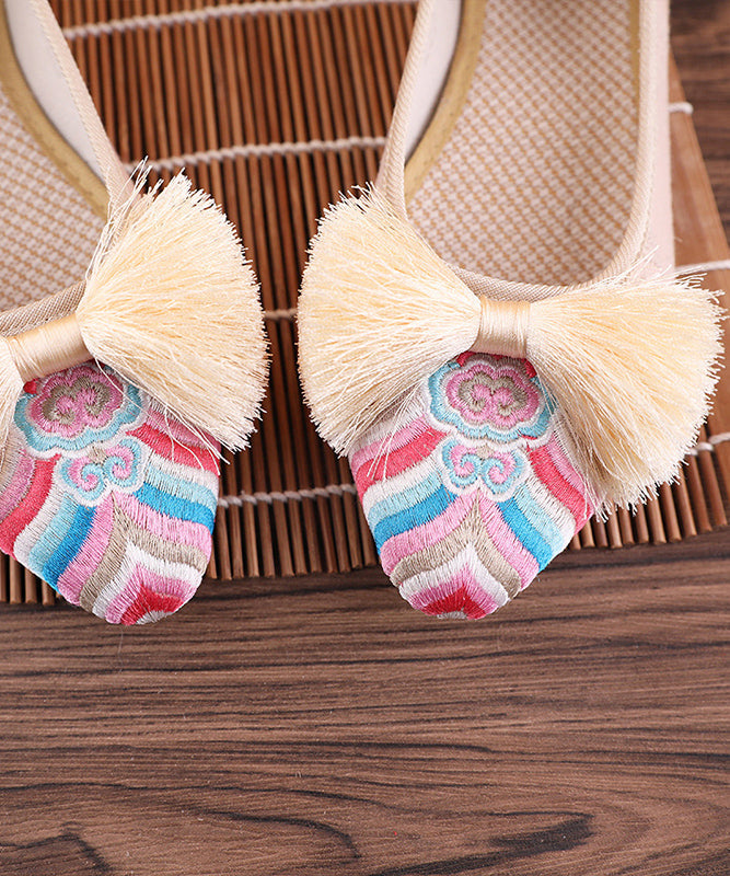 Retro Pink Embroideried Tassel Cotton Fabric Flat Shoes for