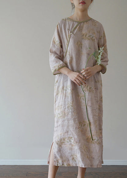 Light Pink O-neck Side Open Print Linen Dresses Three Quarter Sleeve
