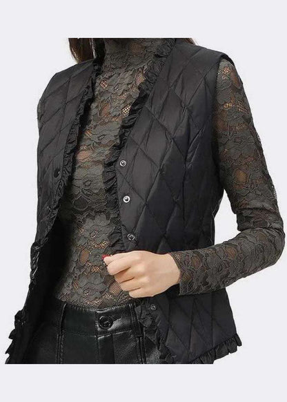 Black Button Ruffled V Neck Fine Cotton Filled Vest Spring
