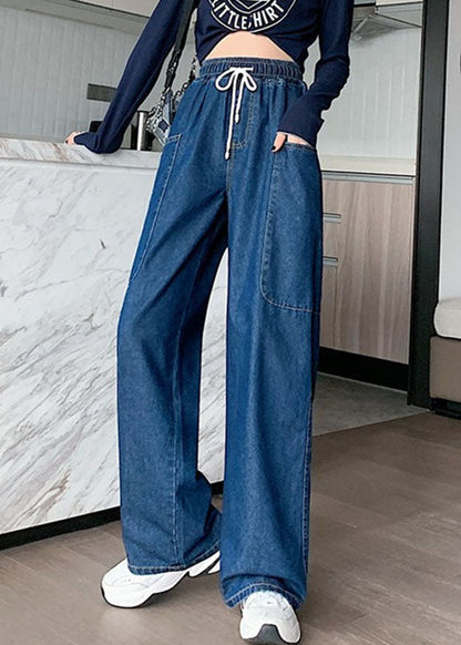 French Navy Elastic Waist Big Pockets Cotton Wide Leg Pants Summer