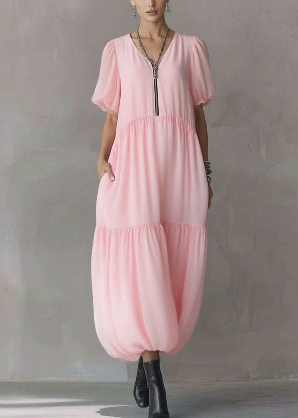Pink V Neck Pockets Patchwork Long Dress Short Sleeve