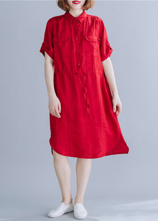 Red Peter Pan Collar Drawstring Shirt Dresses Summer
