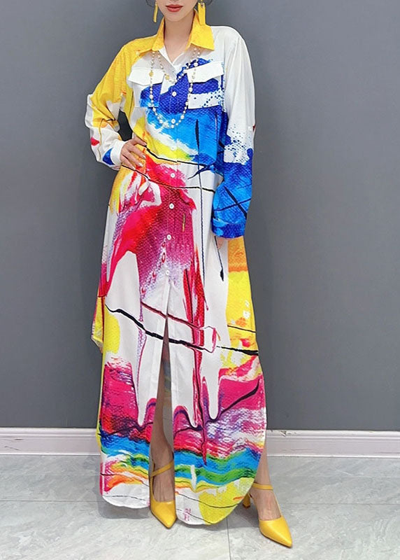 Colorblock Peter Pan Collar Print Button Maxi Shirts Dress Fall