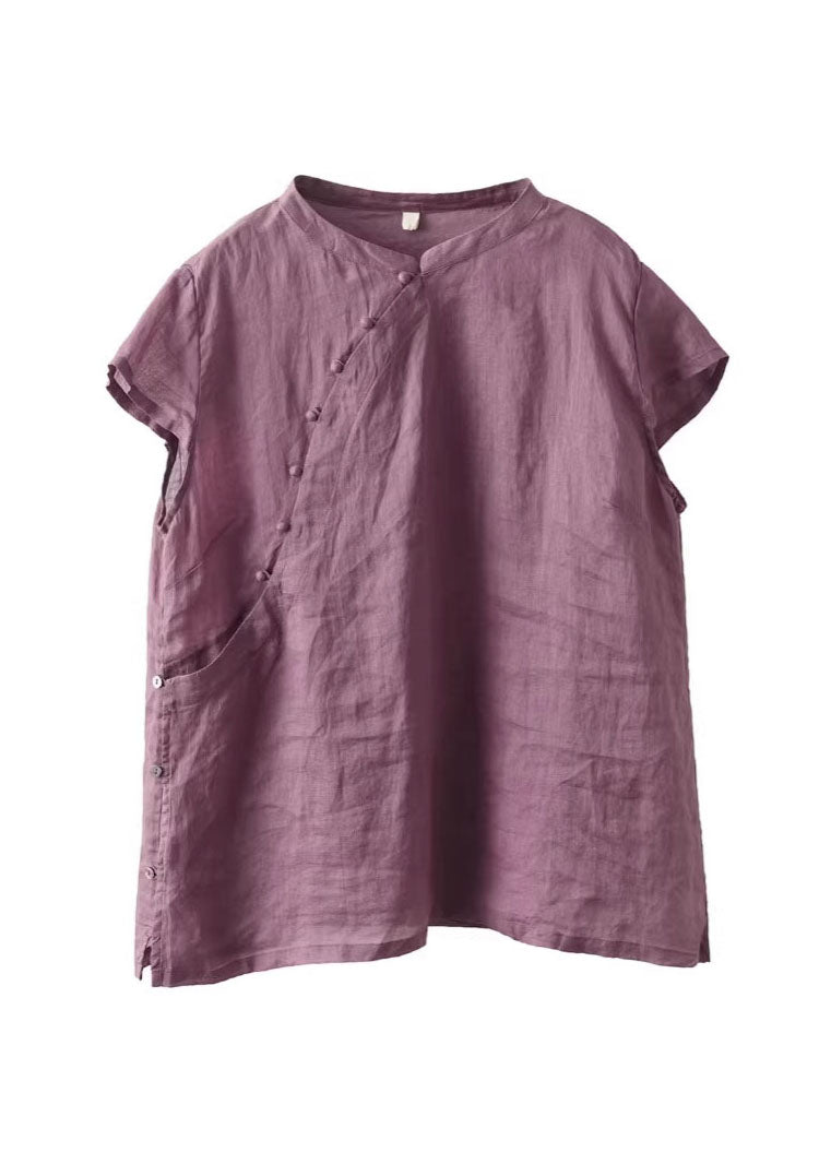 Purple Stand Collar Button Linen Shirts Summer