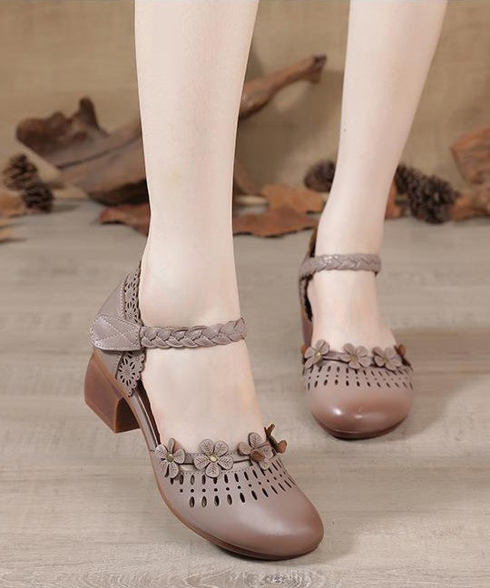 Apricot Cowhide Leather Sandals Hollow Out Buckle Strap