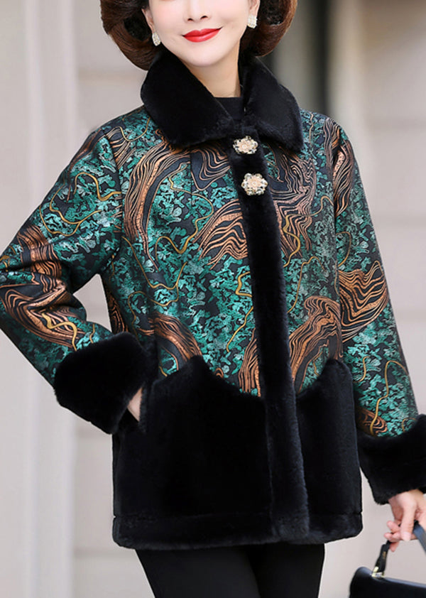 Green Peter Pan Collar Print Patchwork Faux Fur Coats Winter