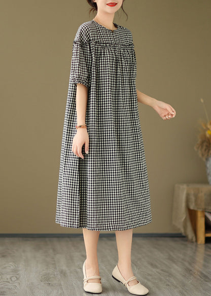 Black O Neck Plaid Ruffled Patchwork Cotton Dress Summer