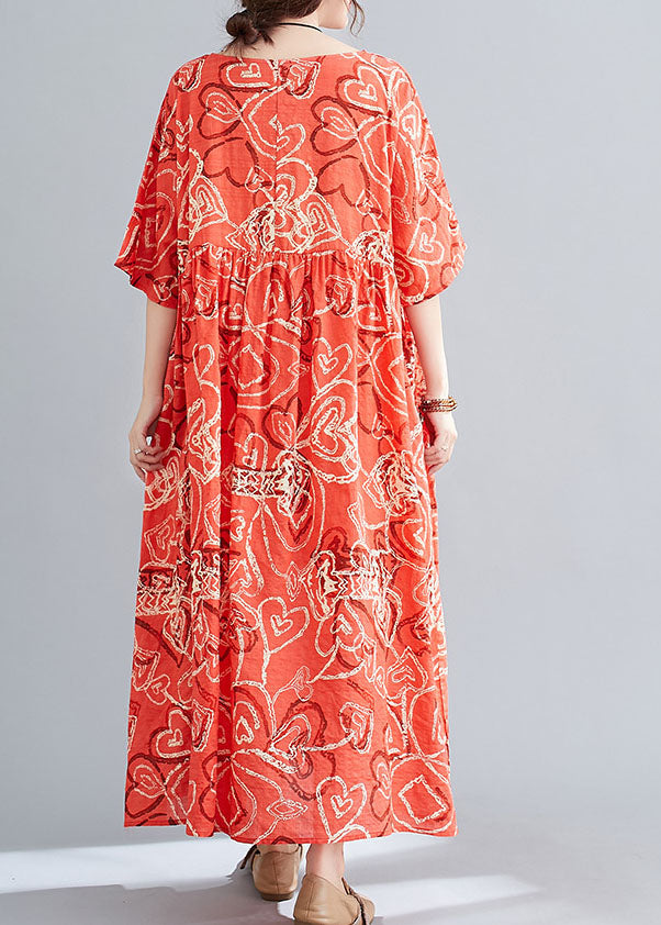 Modern Red O-neck Print Wrinkled Cotton Beach Dress Short Sleeve