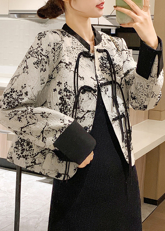 Chinese Style Black O-neck Button Cotton Coat Spring