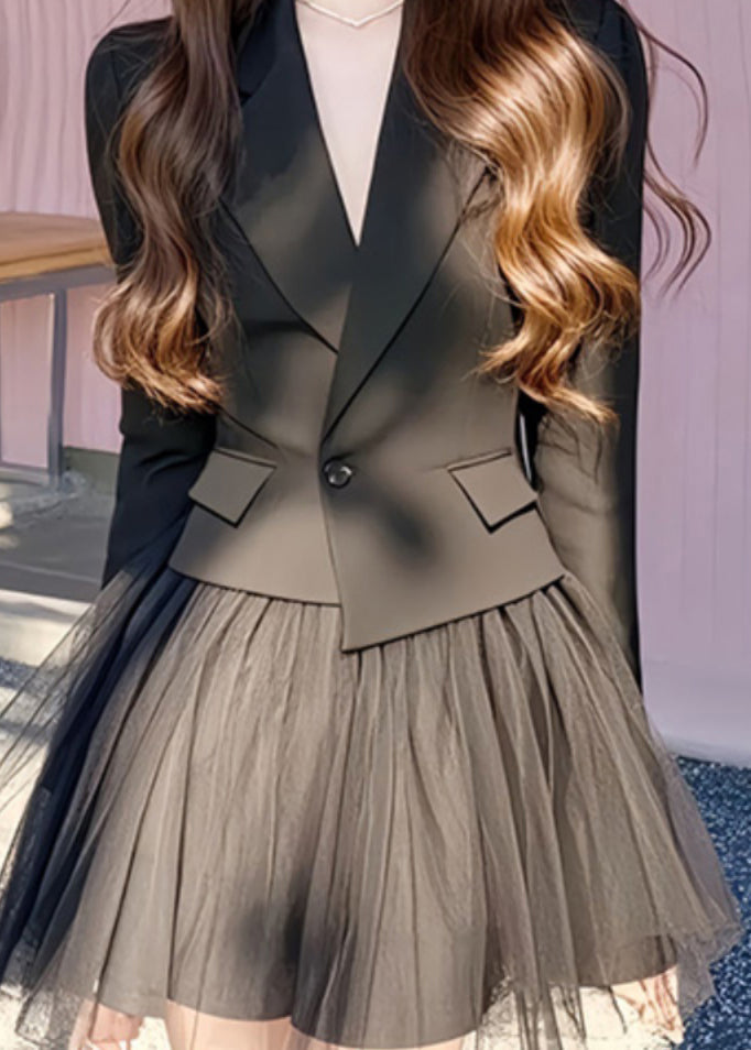 French Black Notched Coats and Tulle Skirts Two Pieces Set Long Sleeve