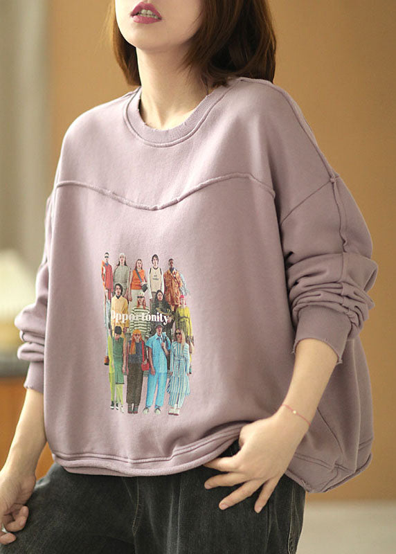 Grey Purple Loose O-neck Pockets Fall Loose Sweatshirt