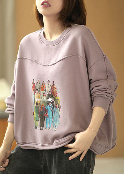 Grey Purple Loose O-neck Pockets Fall Loose Sweatshirt