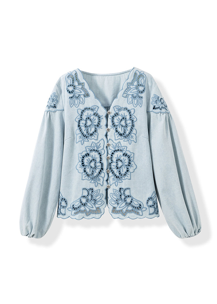 French Blue V Neck Hollow Out Cotton Shirt Top Fall