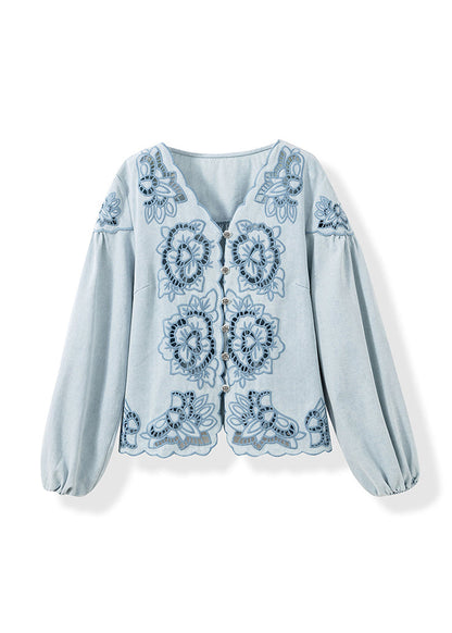French Blue V Neck Hollow Out Cotton Shirt Top Fall
