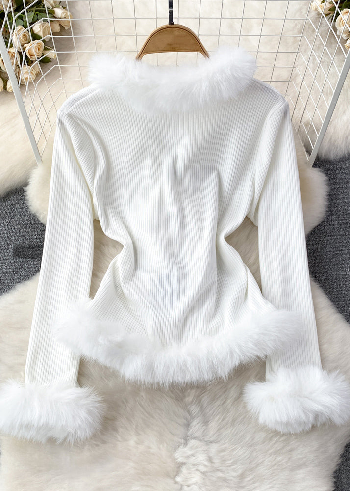 Brown Fur Collar Patchwork Cotton Knit Sweater Flare Sleeve