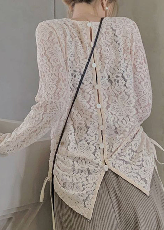 Art Apricot O-neck Patchwork Drawstring Silk Velour Lace Top Long Sleeve