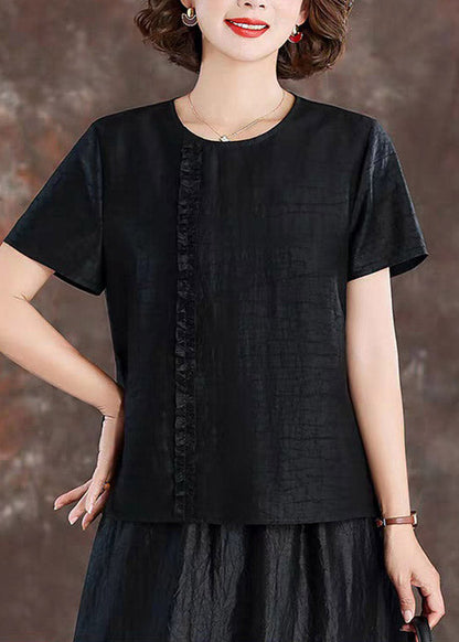 Black Ruffled Patchwork Silk Tops Short Sleeve