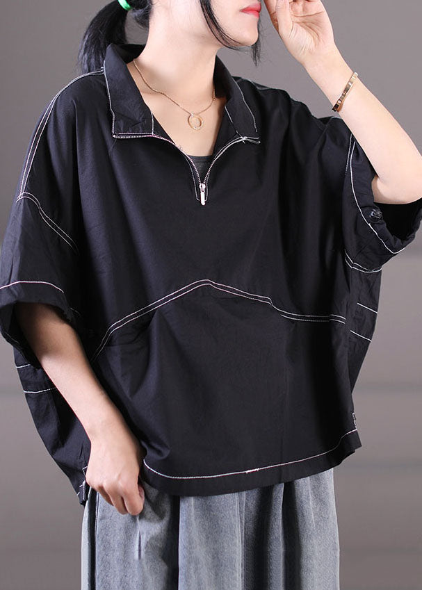 Black Zip Up Drawstring Cotton Sweatshirt Short Sleeve