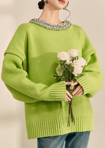 Green O-neck Patchwork Cotton Knit Sweater Long Sleeve Winter