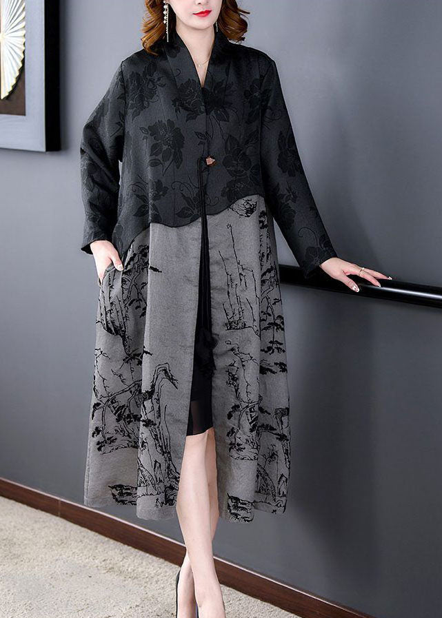 Black Tasseled Patchwork Print Silk Trench Coat Spring