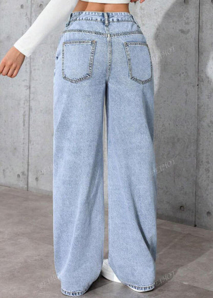 Blue Pockets Patchwork Straight Jeans Fall