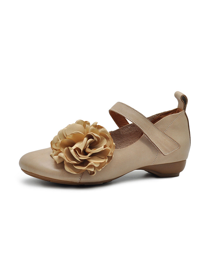 Apricot Cowhide Leather Flat Shoes Splicing Buckle Strap