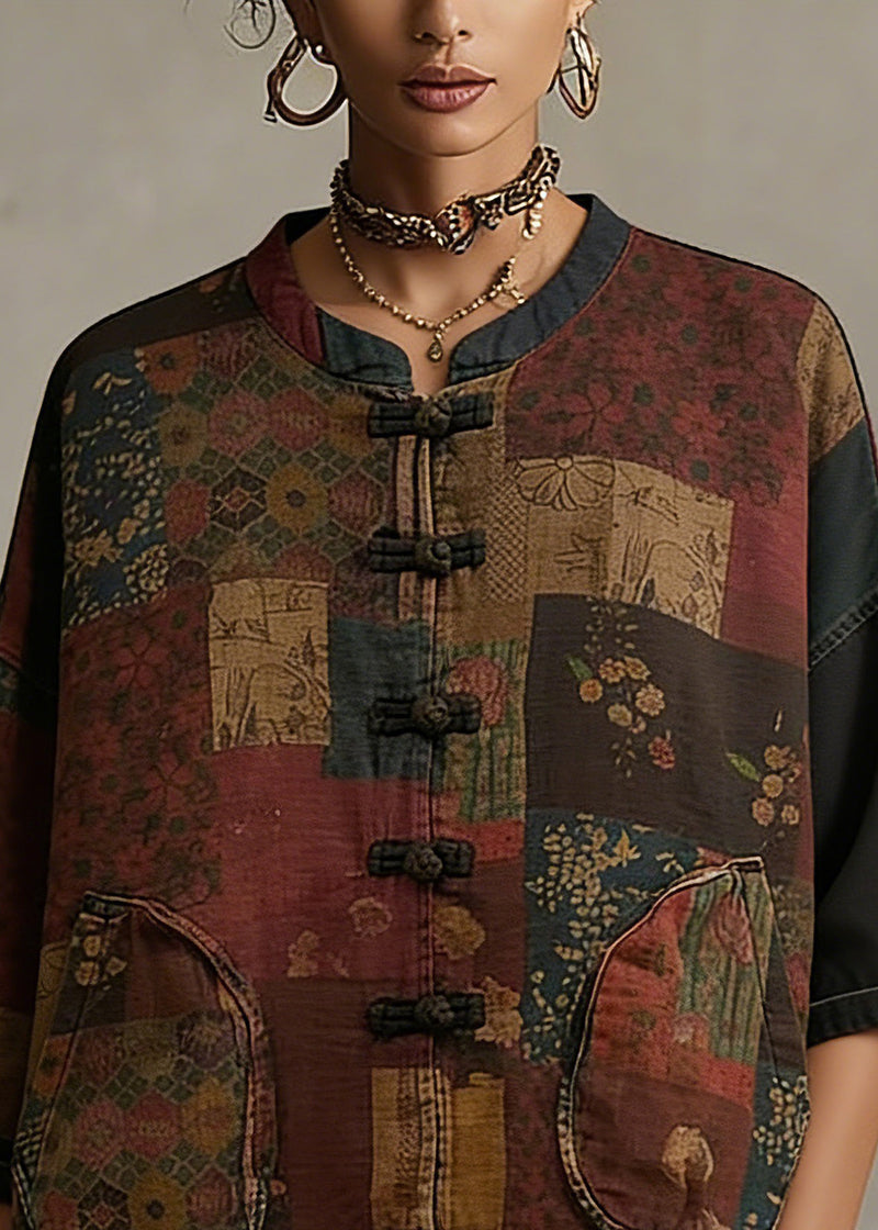 Print Button Patchwork Cotton Coat Long Sleeve