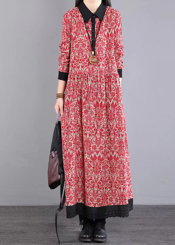 Red Peter Pan Collar Patchwork Cotton Long Dress Fall