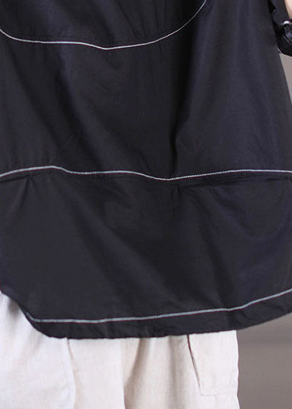Stylish Black O-neck Oversized Drawstring Cotton Tank Top Short Sleeve