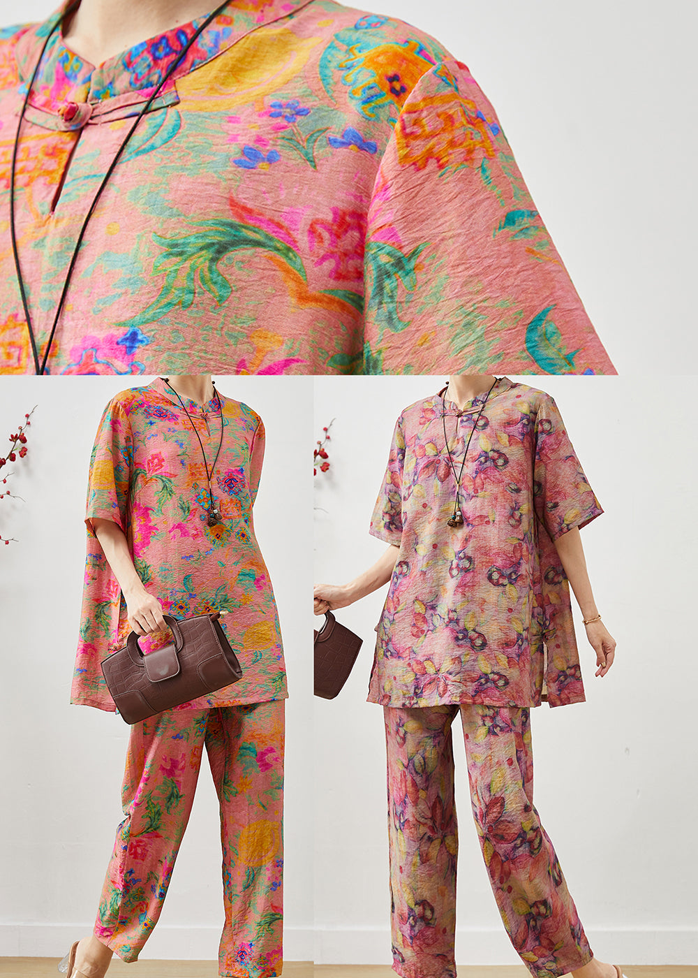Purple Print Linen Oriental Sets 2 Pieces Summer