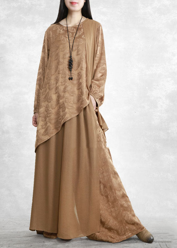 Chocolate Yellow Patchwork Silk Tops and Wide Leg Pants Two Piece Set Jacquard Spring