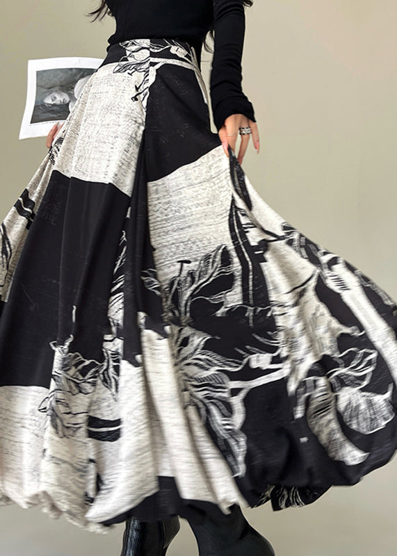 Italian Black Print High Waist Cotton Maxi Skirt Fall